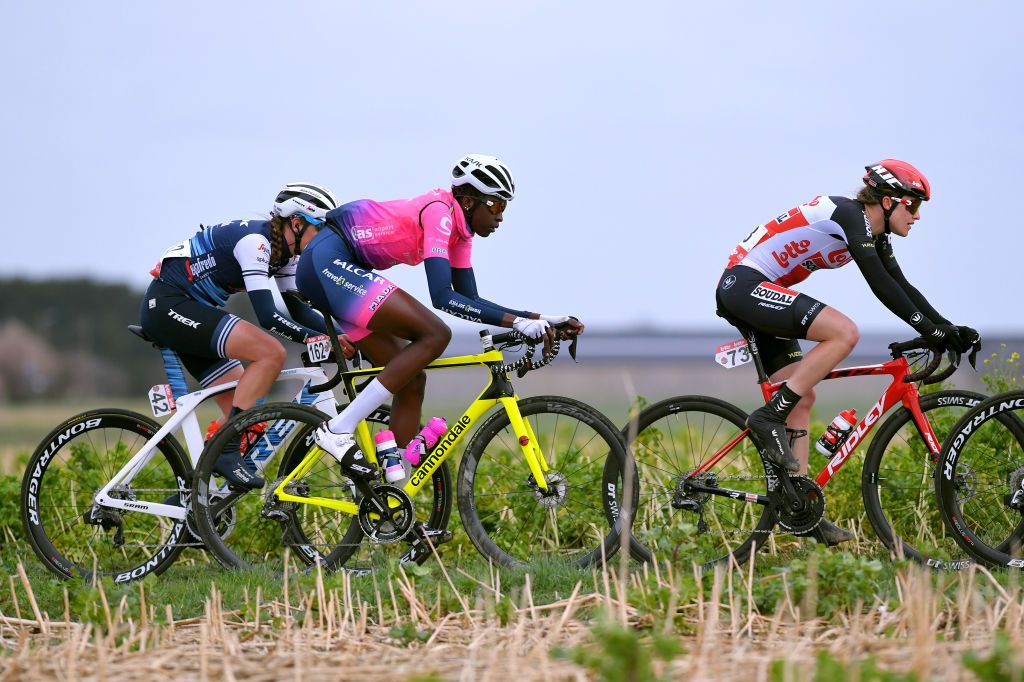 TIELTWINGE BELGIUM MARCH 01 Lucinda Brand of The Netherlands and Team TrekSegafredo Women Teniel Campbell of Trinidad and Tobago and Team Valcar Travel Service Teuntje Beekhuis of The Netherlands and Team Lotto Soudal Ladies during the 16th Spar Omloop Van Het Hageland 2020 Women Elite a 130km race from Tienen to TieltWinge LottoCyclingCup BELCycling on March 01 2020 in TieltWinge Belgium Photo by Luc ClaessenGetty Images