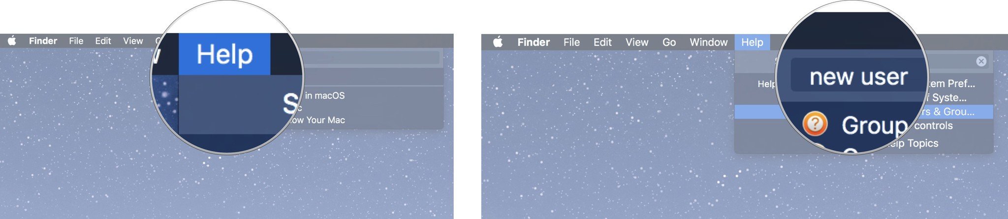 Как использовать приложение «Справка» на Mac: нажмите «Справка» в строке меню, затем введите запрос.
