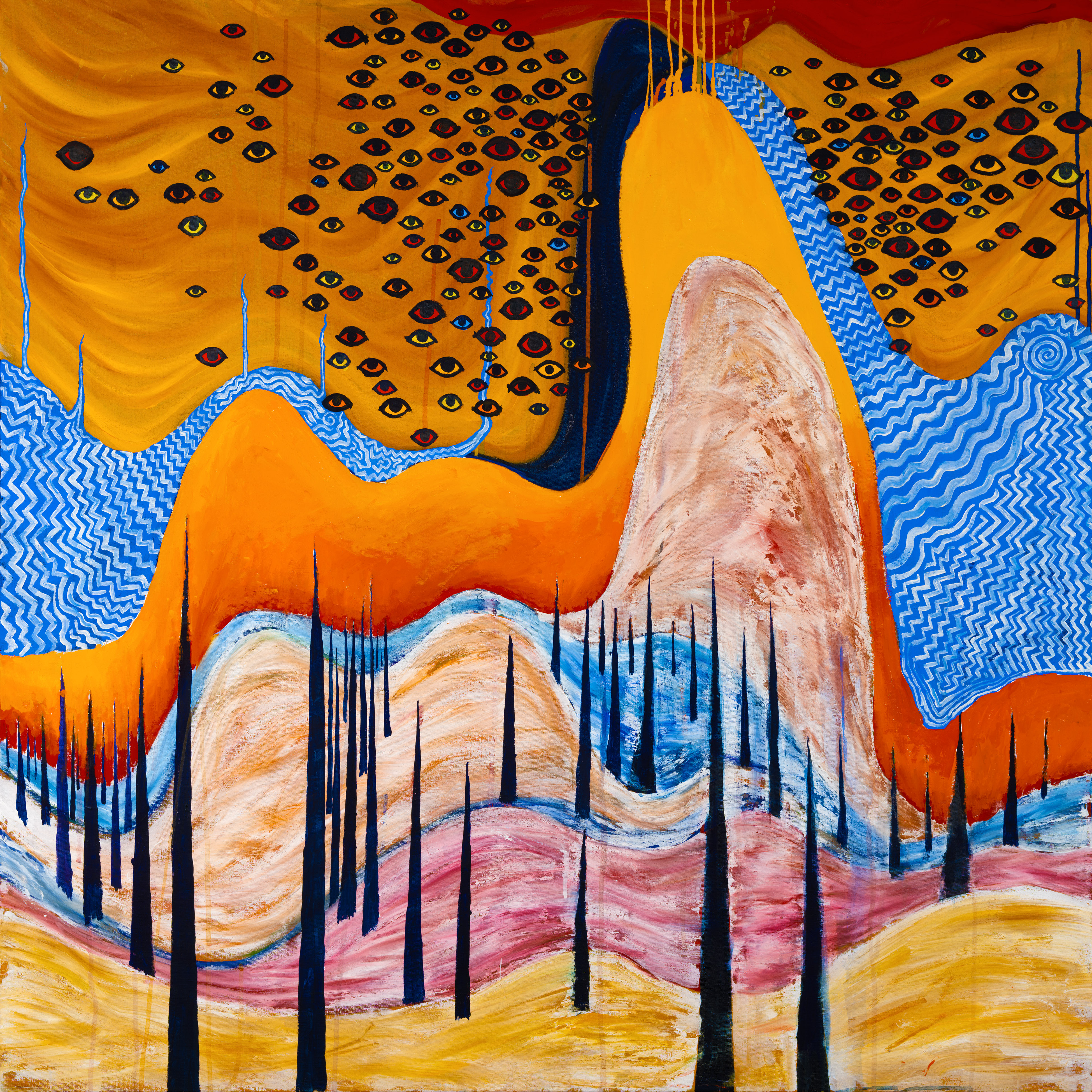 Radiohead artwork with spikes sticking up in colourful abstract landscape, with multiple eyes above