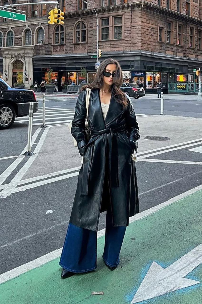 A woman wearing wide-leg jeans