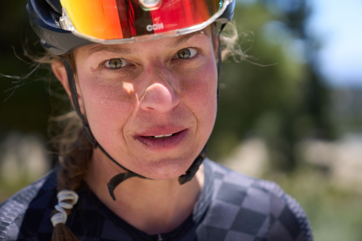 Flavia Oliveira following a tremendous effort in the final timed section, an uphill singletrack in the Stetina's Paydirt gravel race