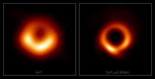 At left is the famous image of the M87 supermassive black hole originally published by the Event Horizon Telescope collaboration in 2019. At right is a new image of the black hole generated by the PRIMO algorithm using the same data set.