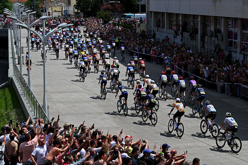 PLOVDIV, BULGARIA - MAY 10: A general view of the peloton prior to the 109th Giro d&amp;apos;Italia 2026, Stage 3 a 175km stage from Plovdiv to Sofia / #UCIWT / on May 10, 2026 in Plovdiv, Bulgaria. (Photo by Tim de Waele/Getty Images)