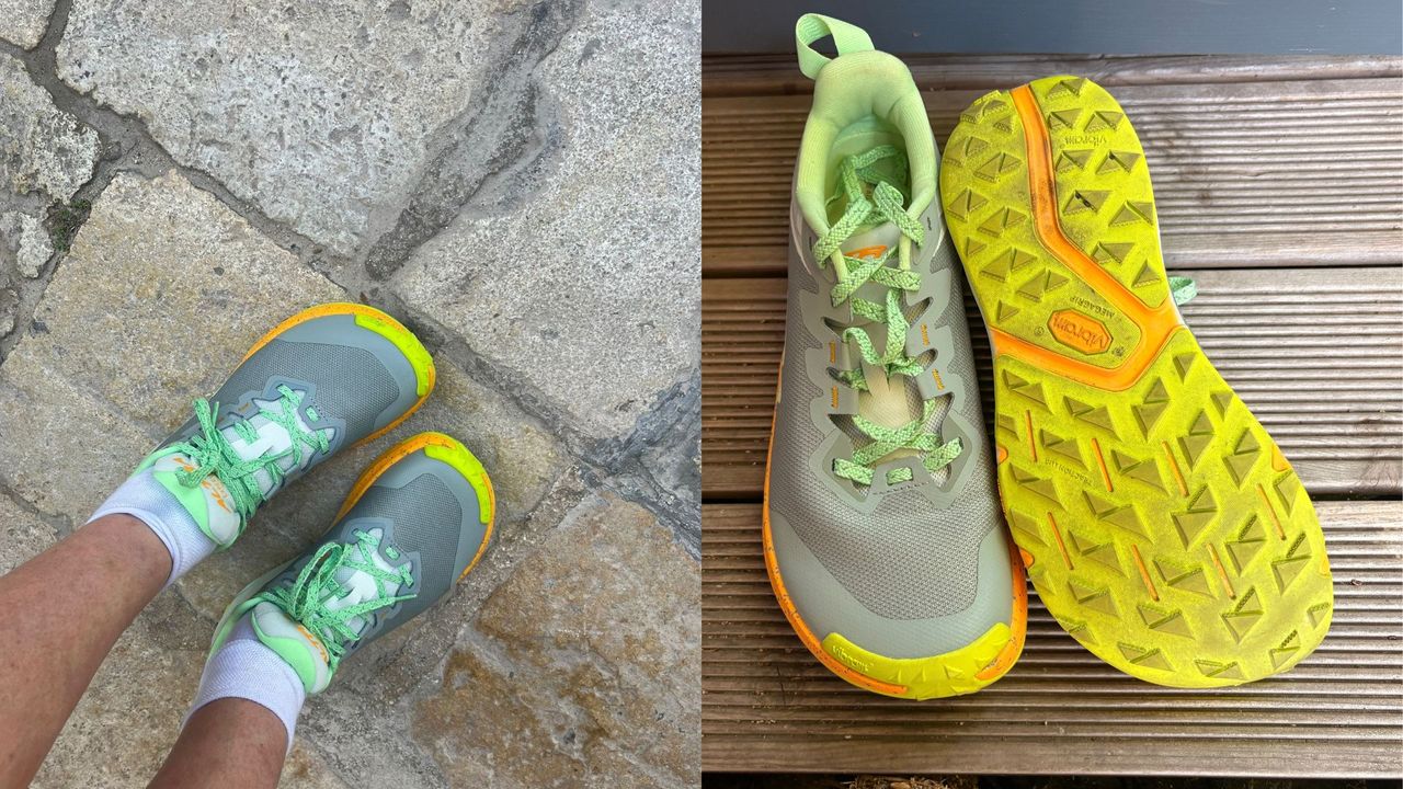 Tester wearing the Altra Experience Wild 3+ walking shoes and shoes sitting together, sole side up