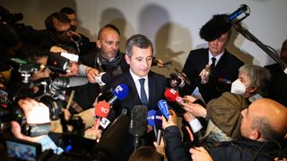 French Interior Minister Gerald Darmanin addresses the press in Corsica
