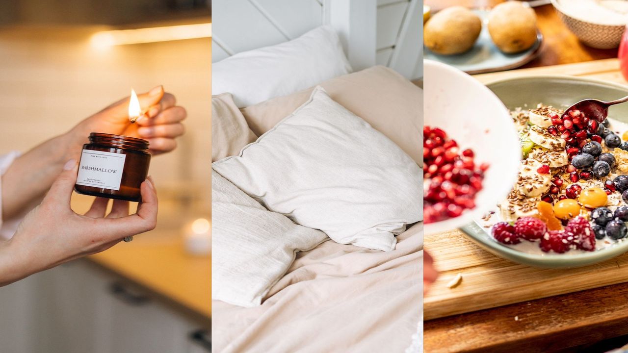 Different ways to make guests feel welcome in your home, L-R: lighting a candle, fresh bedding and a tasty breakfast