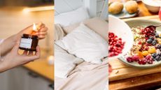 Different ways to make a guest feel welcome in your home, L-R: lighting a candle, fresh bedding and a tasty breakfast