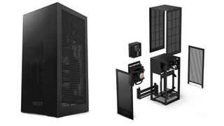 The NZXT H1 V2 case in black showing build components and full design