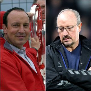 Rafael Benitez poses with Liverpool's Champions League trophy, left, and shows his frustration while at Everton