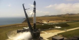 A Rocket Lab Electron booster stands on the pad after a "wet dress rehearsal" for a planned Jan. 30, 2020 launch in this photo the company posted on Twitter on Jan. 24, 2020. 