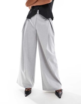 Asos Design Petite Cross Over Pleated Pants in Gray