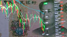 Yuan banknote with stock charts drawn on top of it, representing China's economy