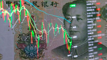 Yuan banknote with stock charts drawn on top of it, representing China's economy