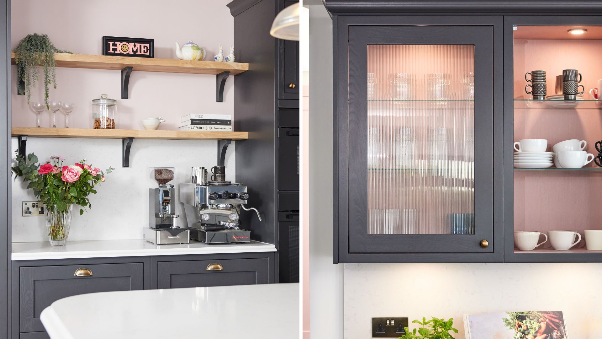 Emma Willis kitchen with charcoal grey cabinets and dusky pink island