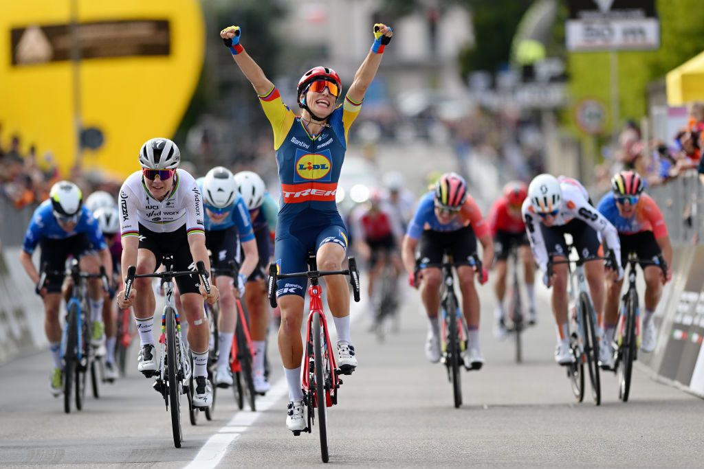 CITTIGLIO ITALY MARCH 17 Elisa Balsamo of Italy and Team LidlTrek celebrates at finish line as race winner ahead of Lotte Kopecky of Belgium and Team SD WorxProtime during the 25th Trofeo Alfredo BindaComune di Cittiglio 2024 Womens Elite a 1405km one day race from Maccagno con Pino e Veddasca to Cittiglio UCIWWT on March 17 2024 in Cittiglio Italy Photo by Dario BelingheriGetty Images