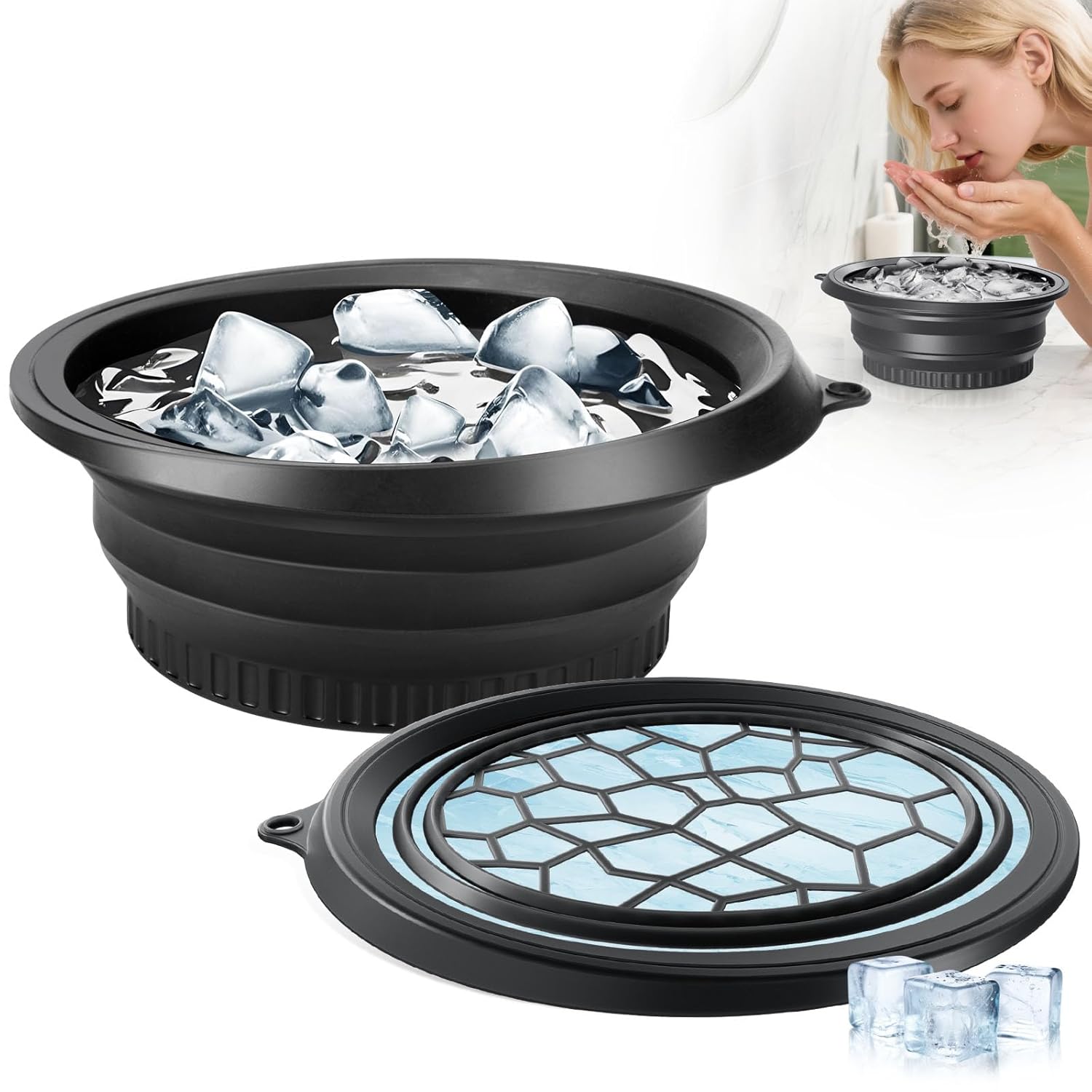 Face Bowl for Ice With Built-In Ice Tray – Collapsible Silicone Facial Ice Bath Bowl for Cold Plunge Therapy, Skin Tightening & Acne Relief – Portable Spa Tool for Home & Travel(black)