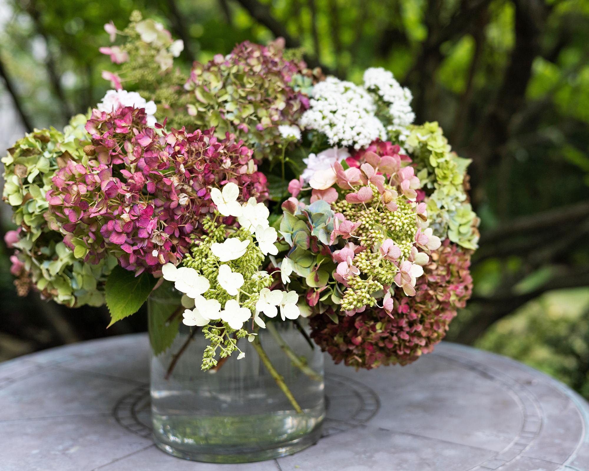 Oversized glass vase of hydrangea blooms in water on table in garden