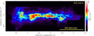 This image shows the distribution of molecular gas at the center of the Milky Way Galaxy. The black cross mark indicates the position of "Sagittarius A*," the supermassive black hole at the heart of the Milky Way.