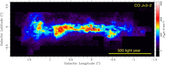 This image shows the distribution of molecular gas at the center of the Milky Way Galaxy. The black cross mark indicates the position of "Sagittarius A*," the supermassive black hole at the heart of the Milky Way.