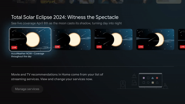 Google TV For You screen showing live coverage of the solar eclipse