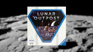 The box art for the board game "Lunar Outpost," with an actual photo of the lunar surface in the background.