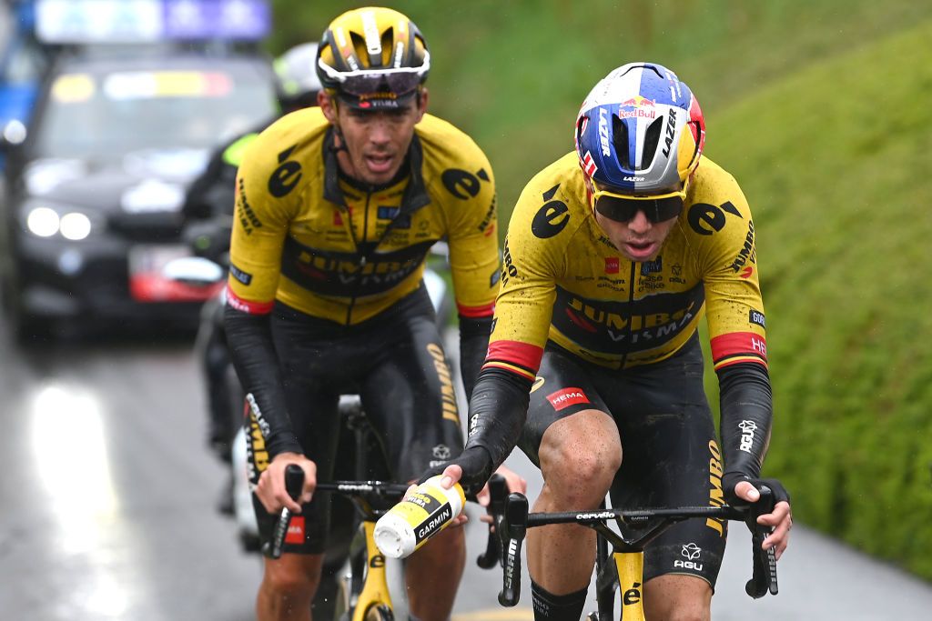 WEVELGEM BELGIUM MARCH 26 LR Christophe Laporte of France and Wout Van Aert of Belgium and Team JumboVisma compete in the breakaway during the 85th GentWevelgem in Flanders Fields 2023 Mens Elite a 2609km one day race from Ypres to Wevelgem UCIWT on March 26 2023 in Wevelgem Belgium Photo by Tim de WaeleGetty Images