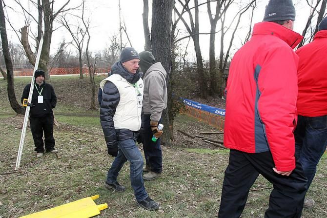UCI Cyclo-cross Commission member Peter van den Abeele surveys the work being done to protect the Worlds course from rising waters of the Ohio River.