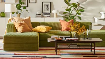 a green corduroy corner sofa in a modern living room