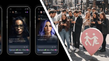 A split screen showing phone screens of AI characters for dating, from EVA AI on the left, and real people meeting up in a busy park using the dating app MeetMeetNow on the right