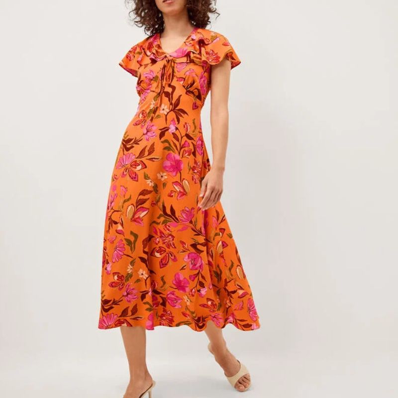 Monsoon, Leila Floral Print Midi Dress Orange