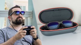 A side by side shot showing a person playing Switch 2 with AR glasses on the left and the AR glasses by themselves in their case on the right