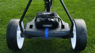 The CaddyCell battery in the Golfstream Blue golf trolley