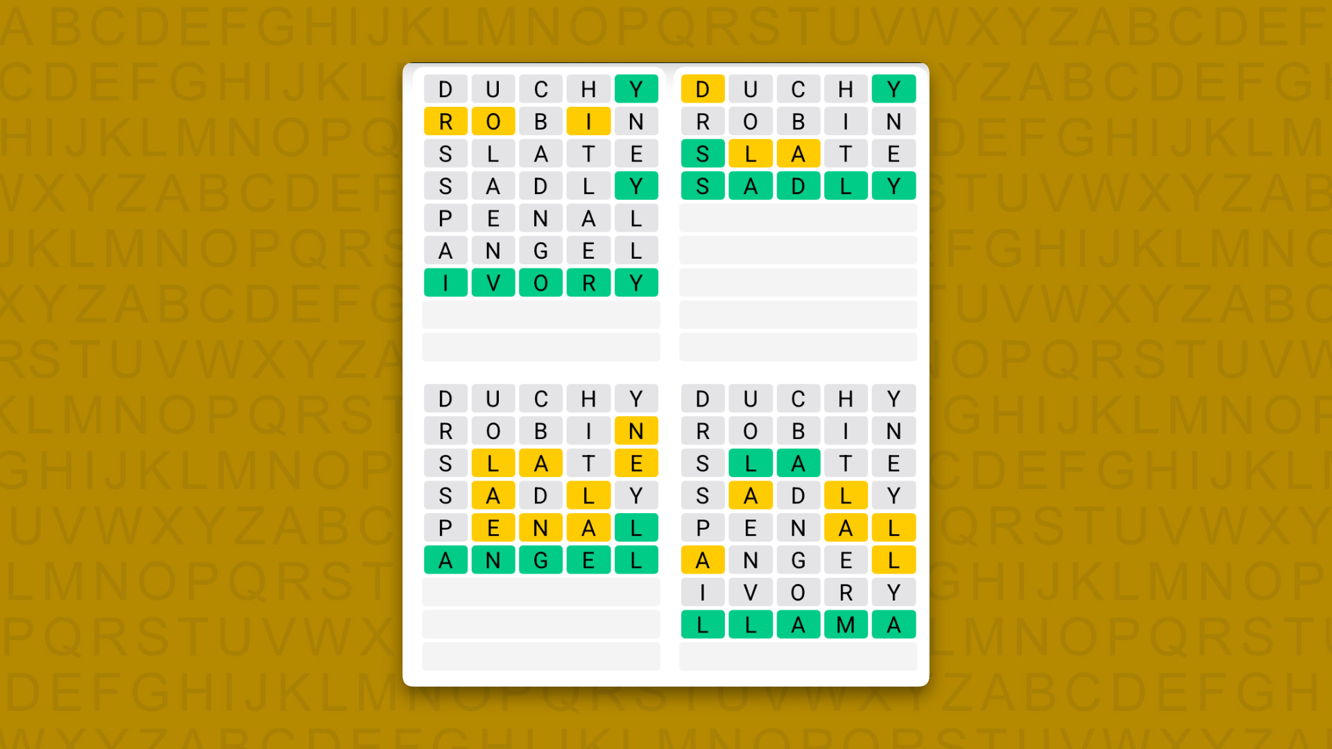 Quordle answers for game 1712 on a yellow background