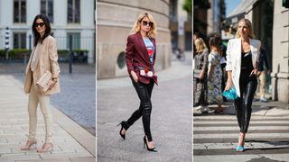 A composite of street style influencers showing how to style leather leggings with a blazer