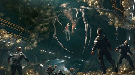 A giant spider grabs a person, a 3D render