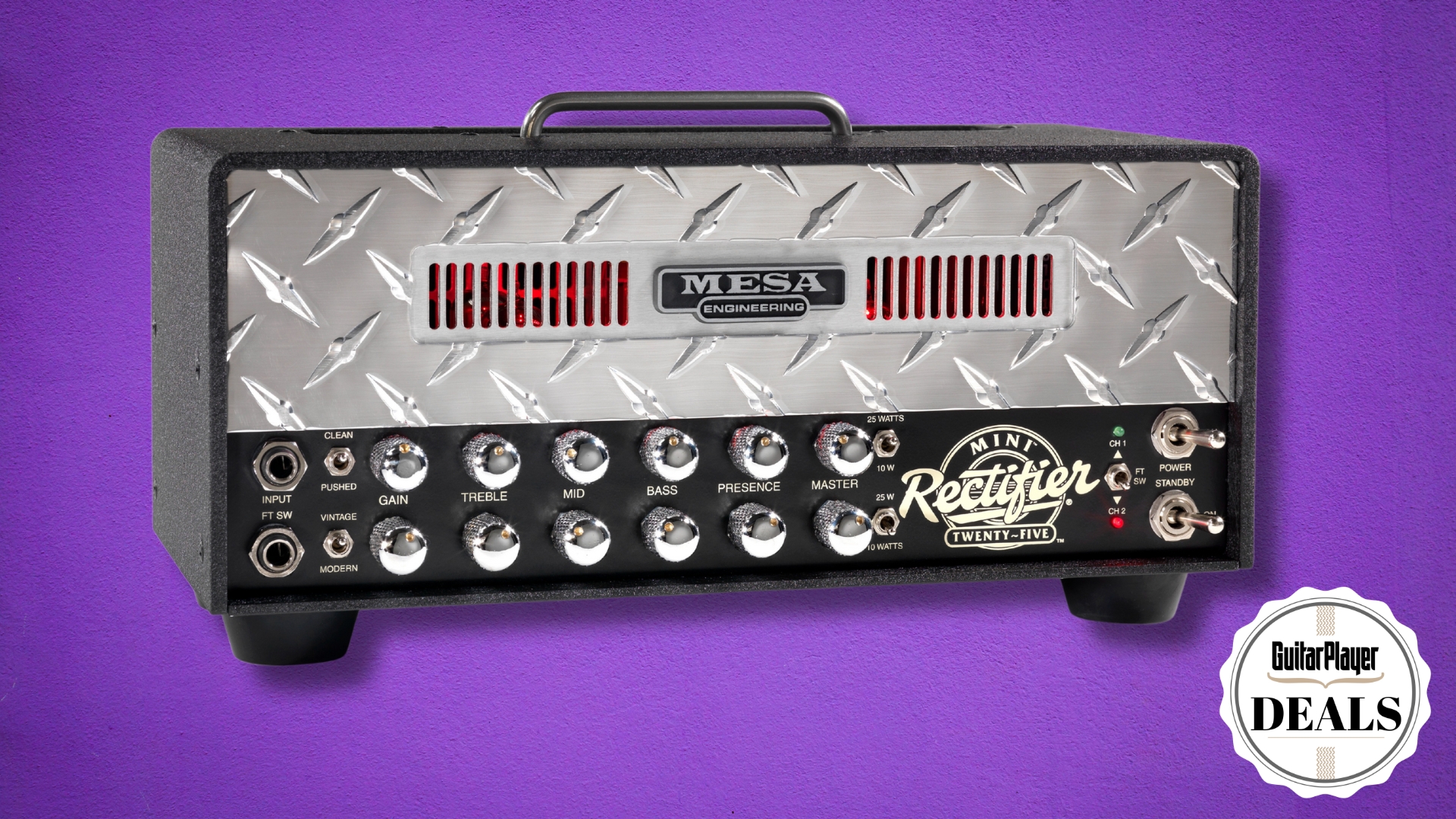 A Mesa/Boogie Mini Rectifier tube amp head on a purple background