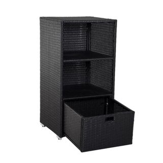 A black outdoor storage unit with a box
