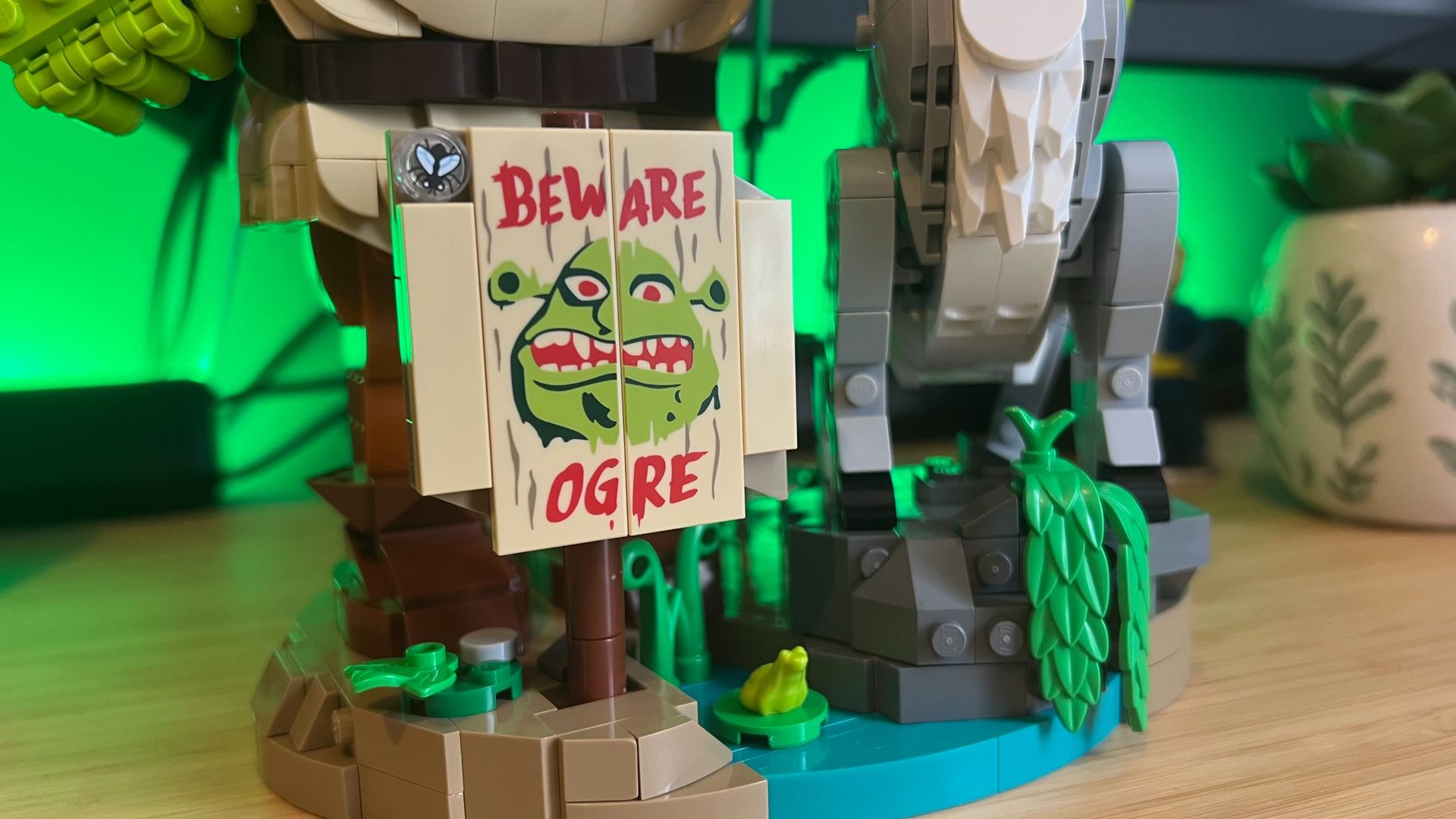 Close up on Beware Ogre sign as part of Lego Shrek, Donkey & Puss in Boots set