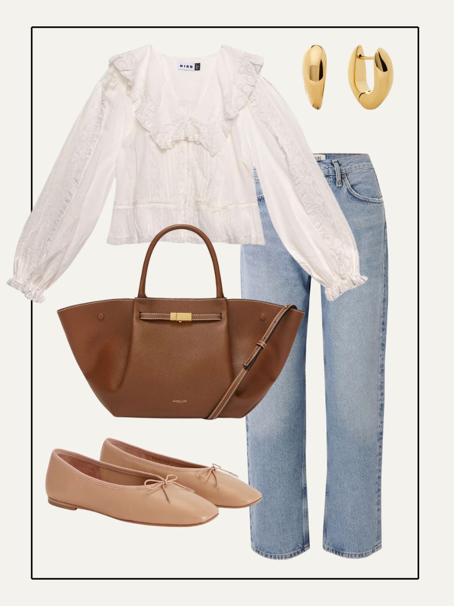 Collage of shirt, jeans, bag, ballet flats and earrings