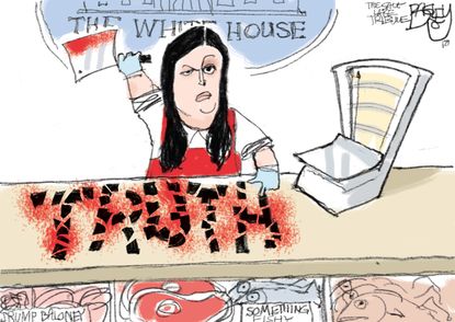 Political cartoon U.S. Sarah Huckabee Sanders truth butcher White House