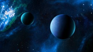 graphic illustration of two Earth-like exoplanets surrounded by stars and a blue nebula to the left side of the image