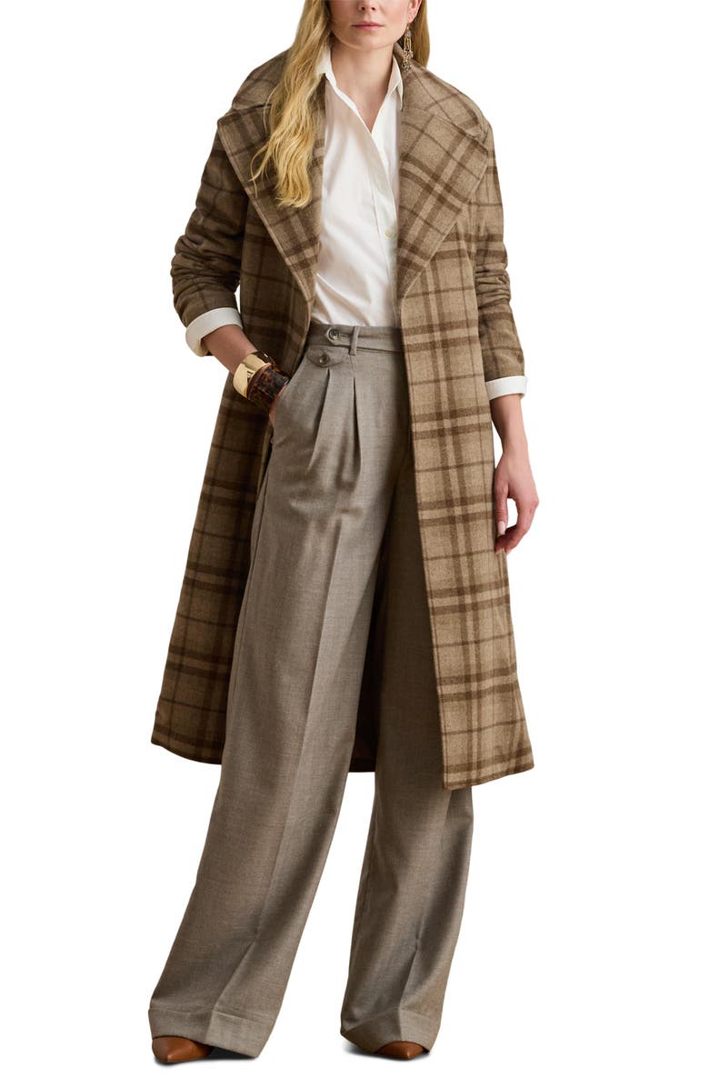 Plaid Wool Blend Twill Wrap Coat