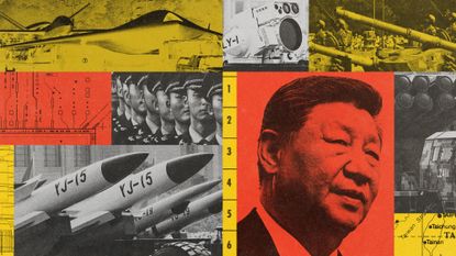 Photo composite illustration of Xi Jinping and military weapons