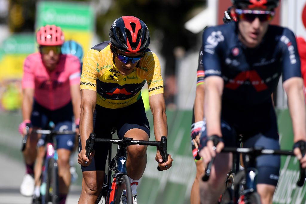 ANDERMATT SWITZERLAND JUNE 13 Richard Carapaz of Ecuador and Team INEOS Grenadiers yellow leader jersey celebrates at arrival at arrival during the 84th Tour de Suisse 2021 Stage 8 a 1595km stage from Andermatt to Andermatt UCIworldtour tds tourdesuisse on June 13 2021 in Andermatt Switzerland Photo by Tim de WaeleGetty Images