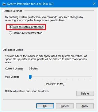 Turn on system protection option