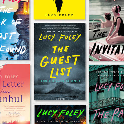a collage of book covers of thrillers and historical fiction novels by lucy foley including the guest lits the invitation the paris apartment and more