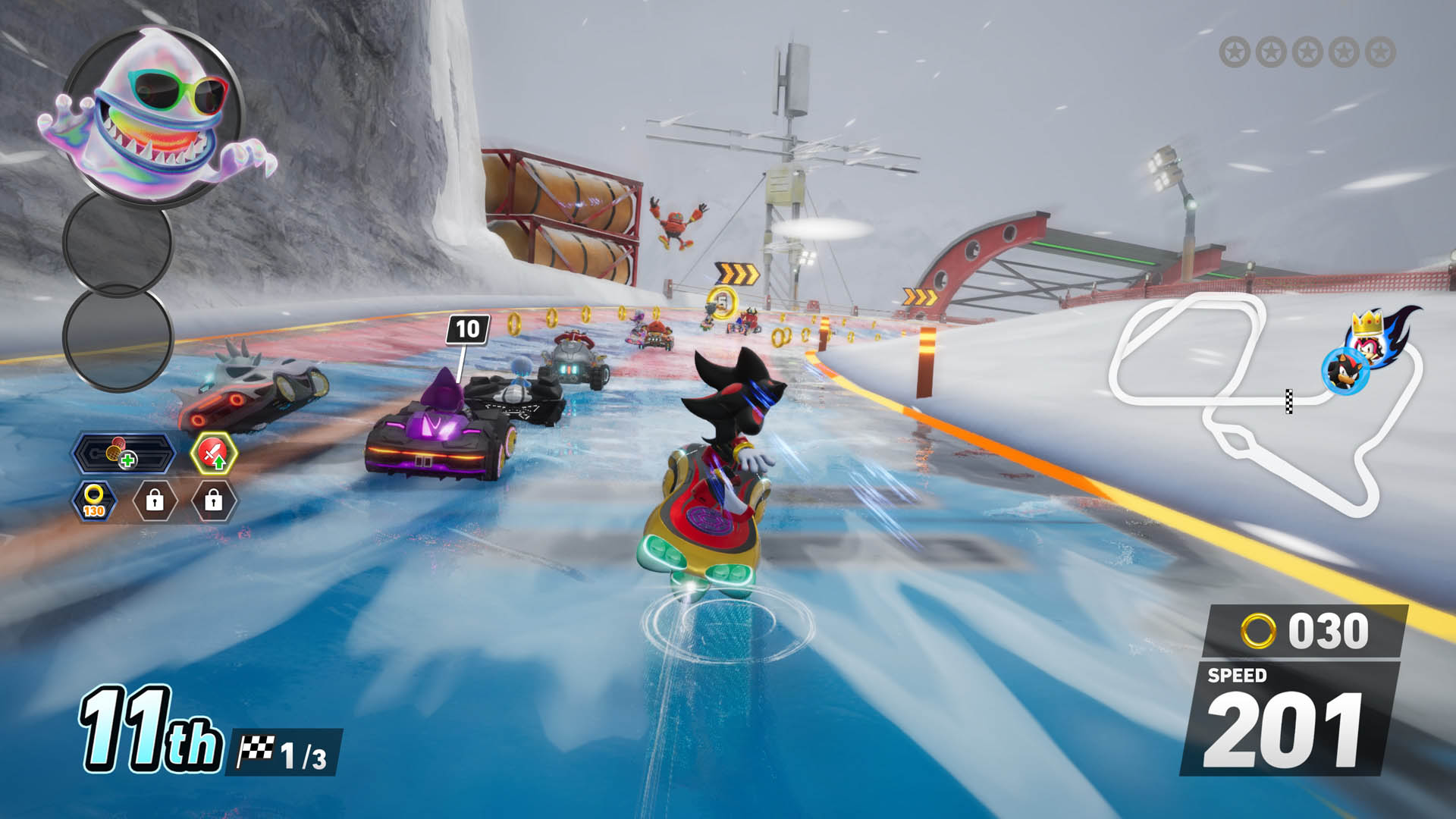 Shadow the Hedgehog rides a hoverboard in a n icy track in Sonic Racing: CrossWorlds, with a King Boom Boo item in hand