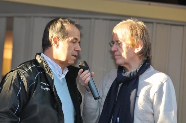 Vincent Lavenu is interviewed on the podium after his boys dominated the sprint