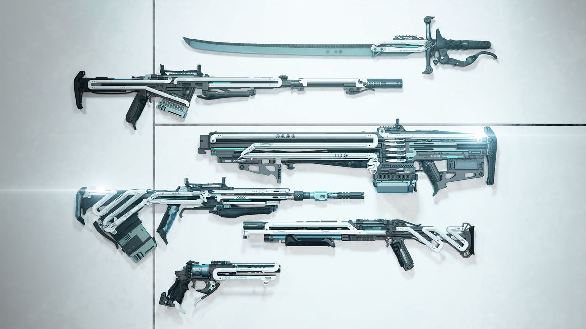 Knolling shot of all the Deep Stone Crypt raid weapons laid out