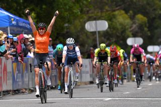 MACCLESFIELD AUSTRALIA JANUARY 16 Arrival Chloe Hosking of Australia and Rally Cycling Team Celebration Lotta Hentalla of Finland and Team TrekSegafredo Matilda Raynolds of Australia and Team Specialized Womens Racing during the 6th Santos Womens Tour Down Under 2020 Stage 1 a 1163km Stage from Hahndorf to Macclesfield tourdownunder UCIWT TDU on January 16 2020 in Macclesfield Australia Photo by Tim de WaeleGetty Images